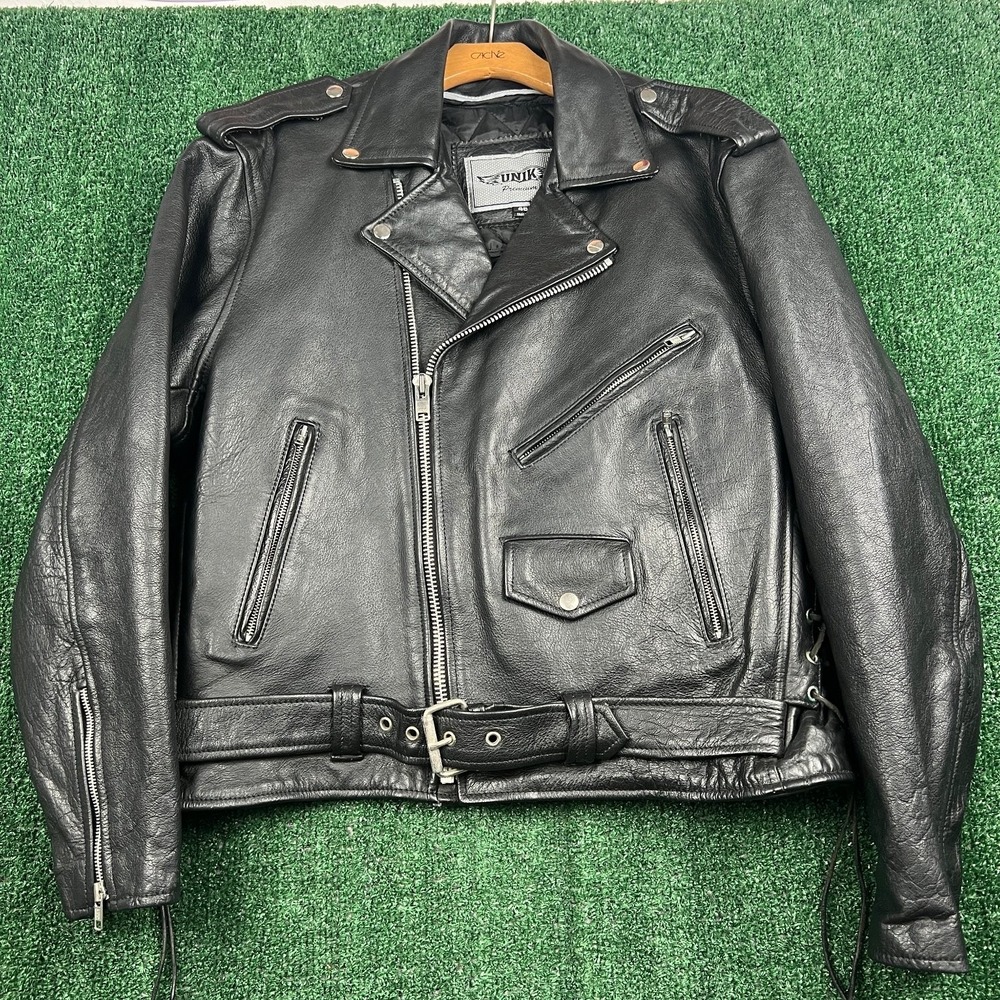 VTG‎ UNIK Premium Men's Black Leather Motorcycle Biker Jacket Size 48 XL Quilted